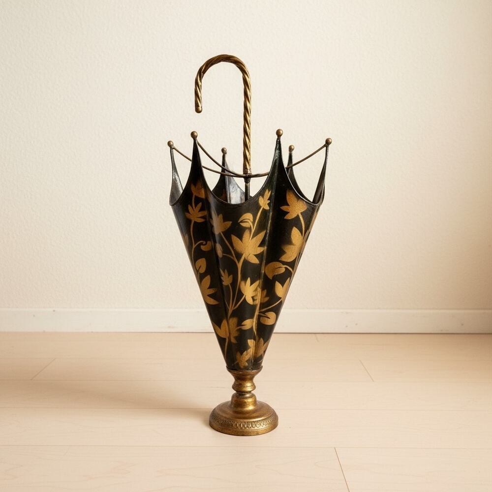 Vintage Italian Toleware Umbrella Stand-Black-Gold-Floral-Metal-Holder-Cane